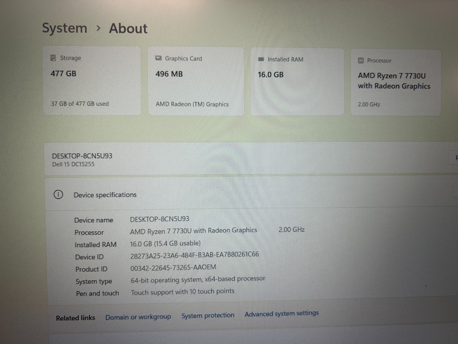 DELL 15 DC15255 G8MK9, AMD Ryzen 7 7730U, 2.00 GHz, 16 GB RAM, 512 GB NVMe
