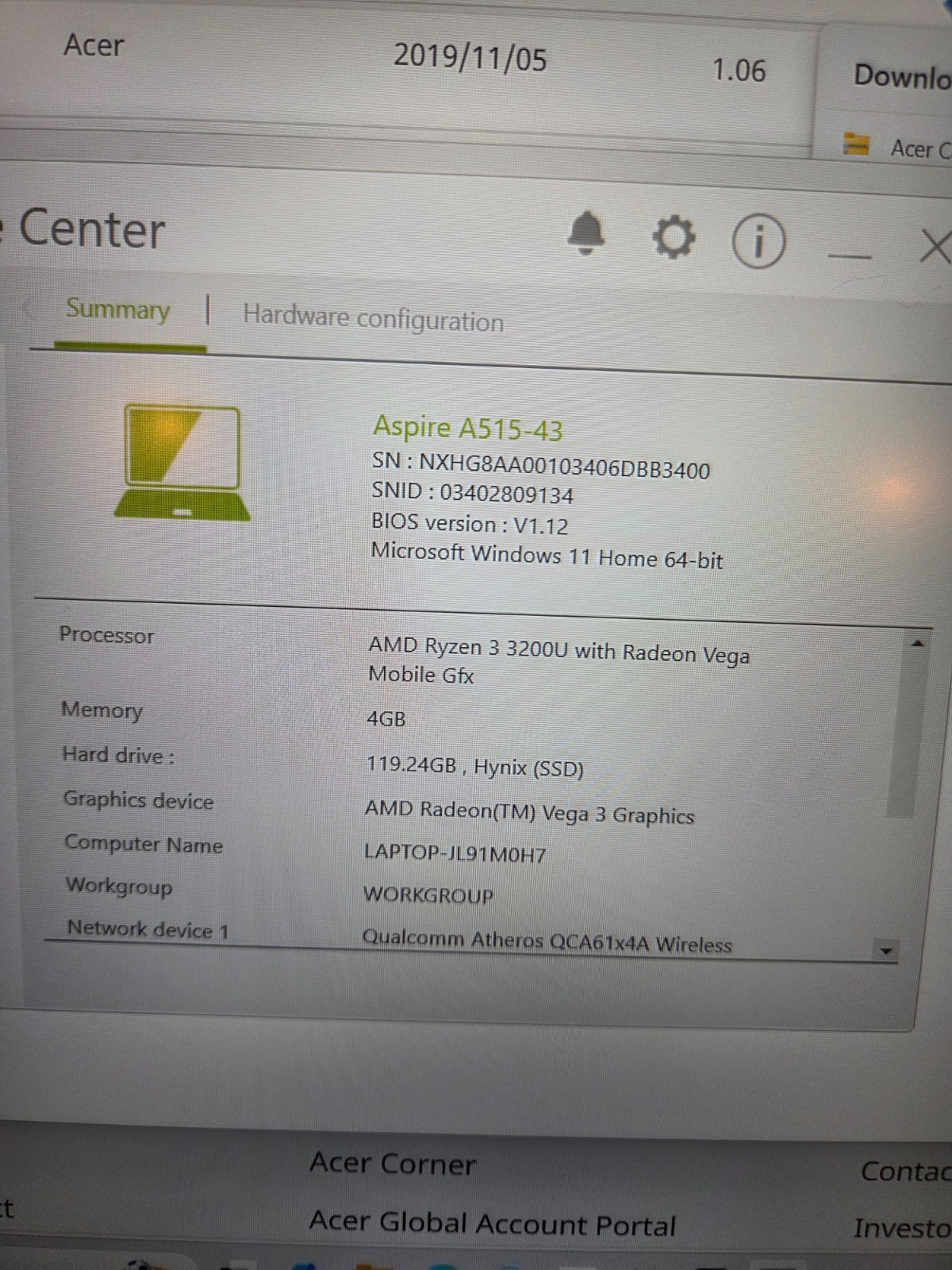 Acer Aspire 5 A515-43-15.6″FHD AMD Ryzen 3 3200U 2.6GHz 4GB RAM