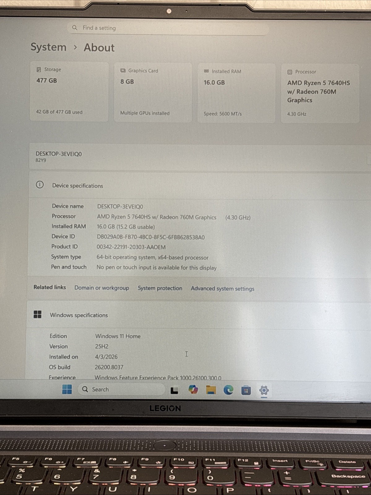 Lenovo Legion Slim 5 16APH8 16″ Ryzen 5 4.3GHz RTX 4060 16GB RAM 500GB SSD
