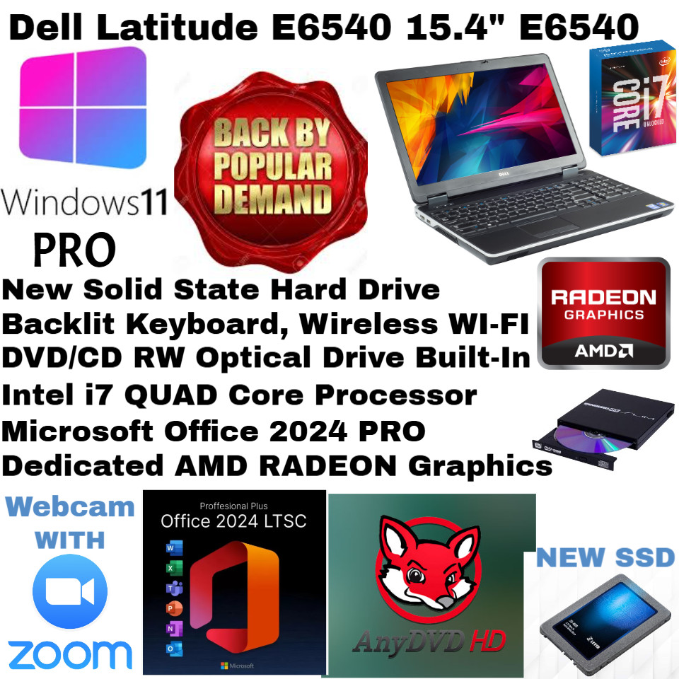Dell E6540_WIN11💥New 1TB SSD💻i7 QUAD/AMD💻BACKLIT_DVD/CD/Cam💻Office 2024 PRO
