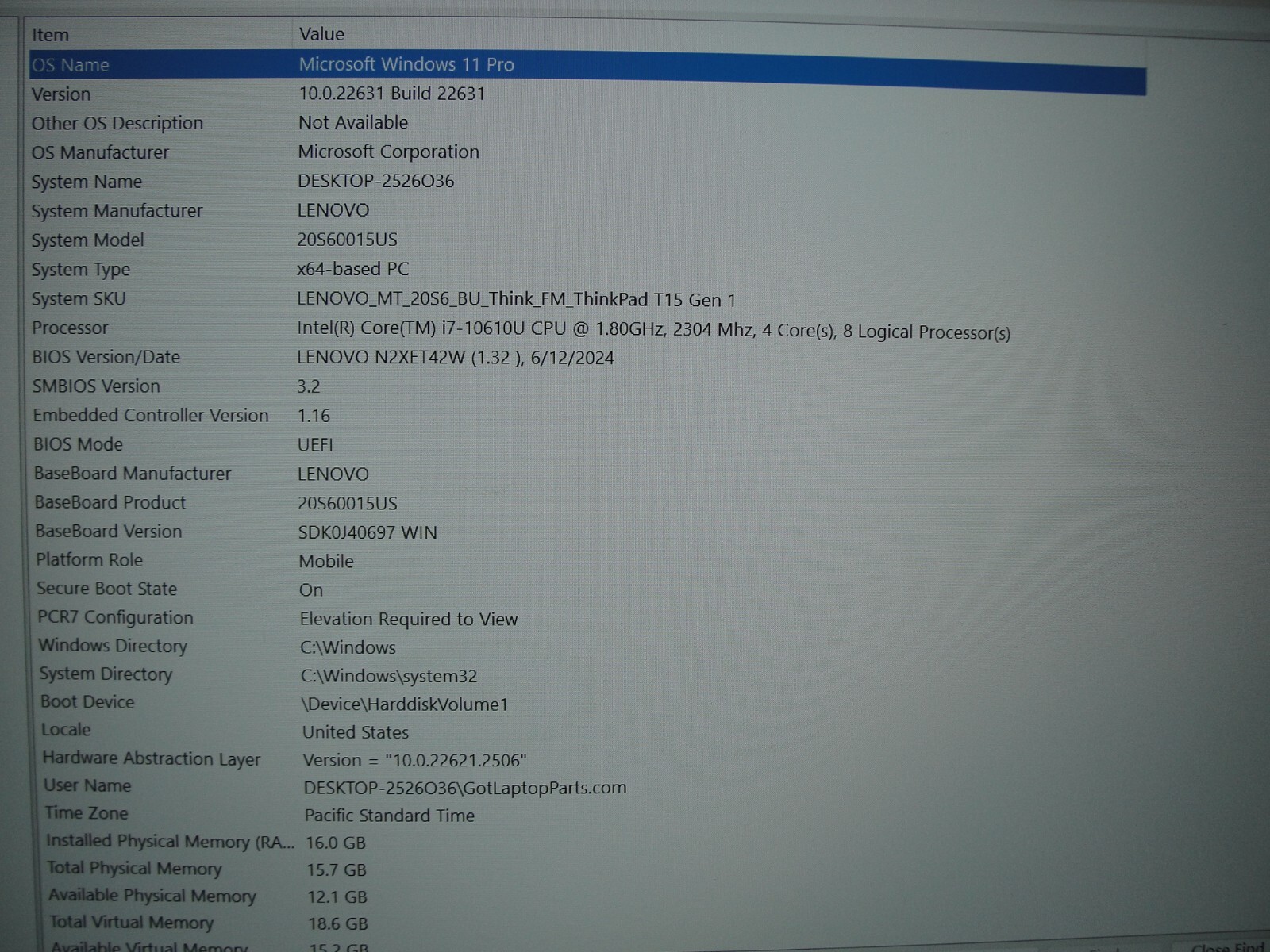 Lenovo ThinkPad T15 Gen1 15.6” FHD Intel Core i7-10610U 1.8GHz 16GB 256GB SSD
