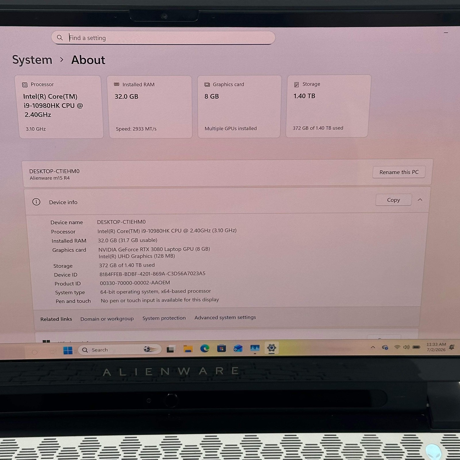 Alienware M15 15.6″ i9-10980HK 2.4GHz 32GB RAM 1.5TB SSD GeForce RTX 3080