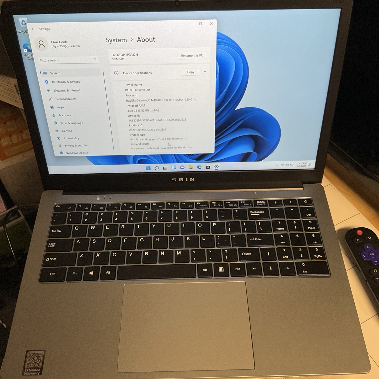 SGIN SGIN-M15 15.6″ FHD Celeron N4020C 1.1GHz Intel UHD Graphics 600 4GB RAM