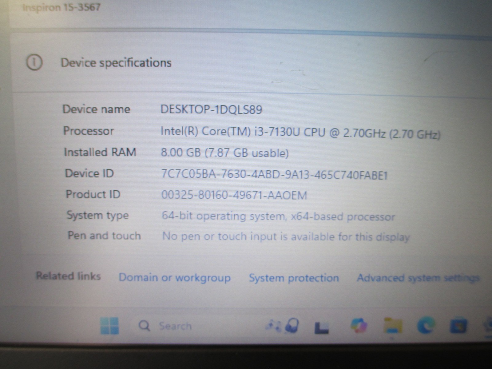 Dell Inspiron 15 3567 15.6″ i3-7130U 2.7GHz 8GB/250GB Webcam Laptop Windows 11