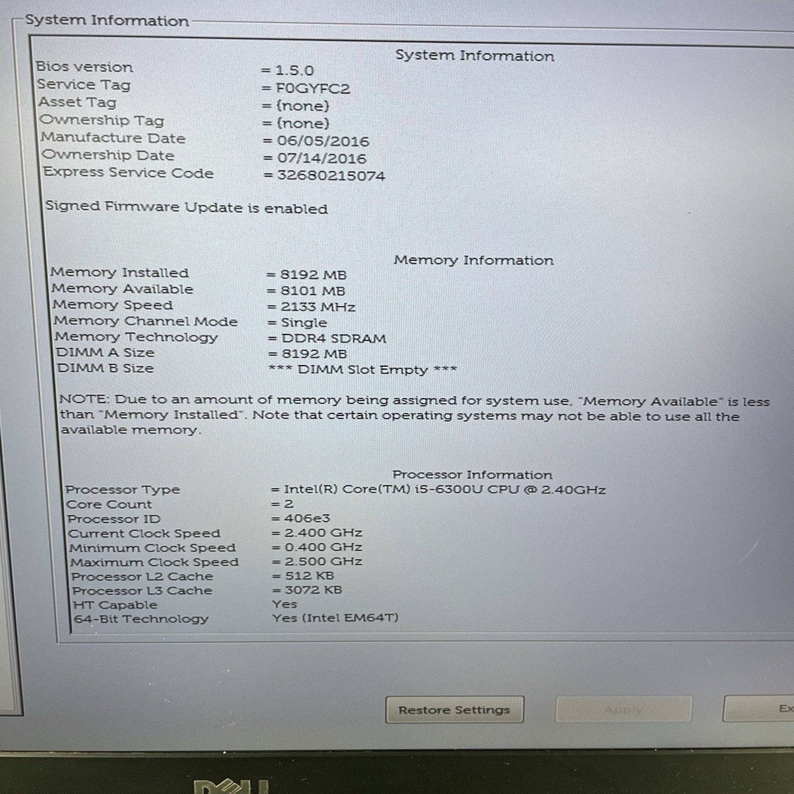 Dell Latitude E5570 15.6″ i3-6300U 2.40 GHz 8 GB RAM No SSD No OS No Battery