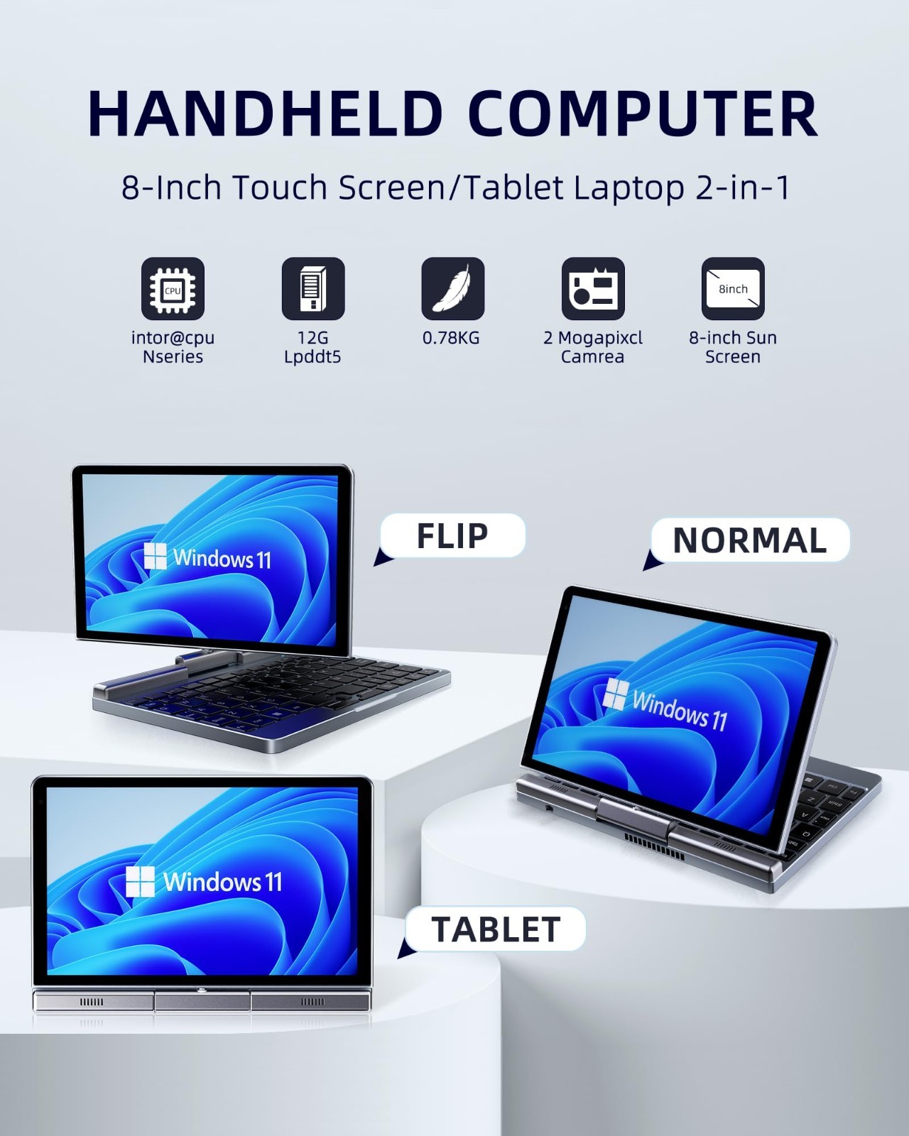 8″ Mini 2-in-1 Laptop, HD Touchscreen, Win 11 Pro, 12GB RAM, 512GB SSD, Wi-Fi 6,