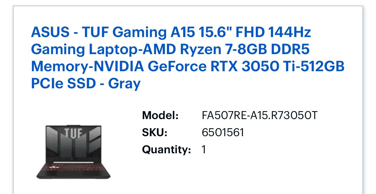 ASUS TUF Gaming A15 15.6”, 512GB SSD, AMD Ryzen 7,32GB RAM, RTX 3050Ti – Laptop