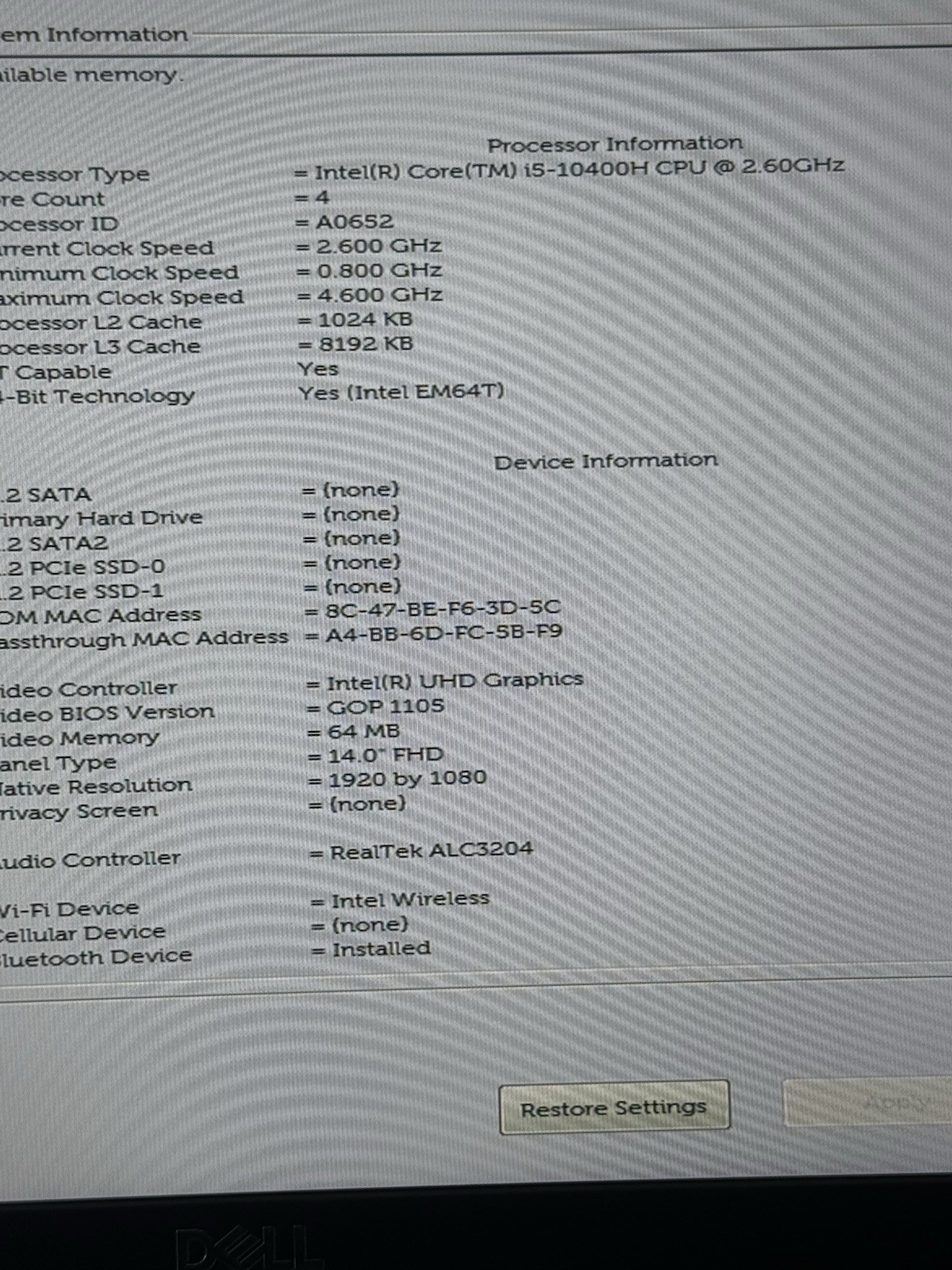 Dell Latitude 5411 14” FHD i5-10400H 2.60GHz 8GB READ