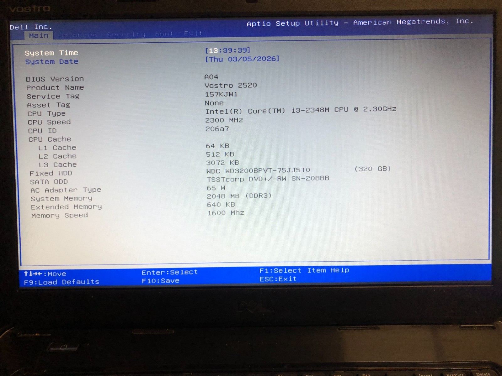 Dell Vostro 2520 15.6in 300 GB HD 2 GB RAM i3-2328M @2.3GHz win 7 no battery