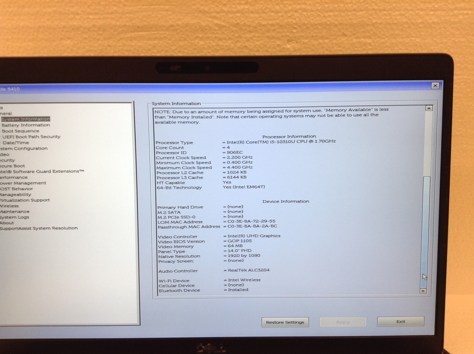 Dell Latitude 5410 Laptop i5-10310U 1.70GHz 14″ FHD, No RAM NO HDD, For Parts