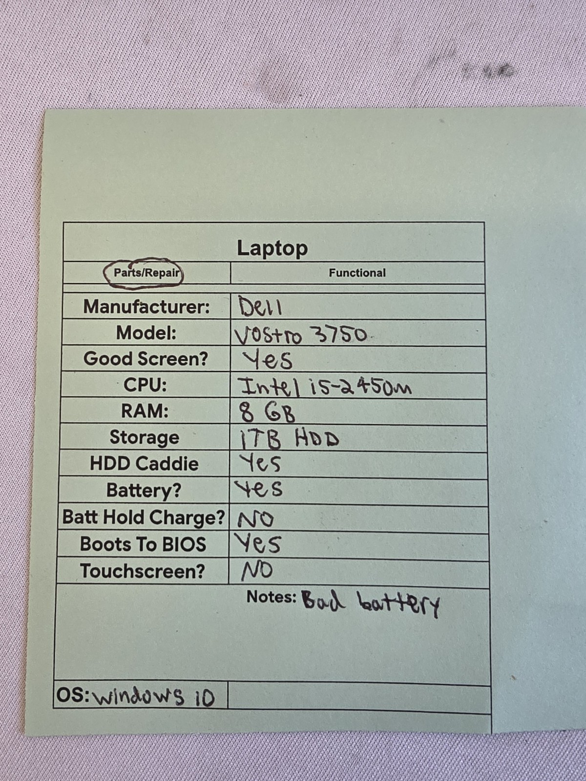 Dell Vostro 3750 Laptop – Intel i5-2450m – 8GB RAM – 1TB HDD – BAD BATT – Win 10