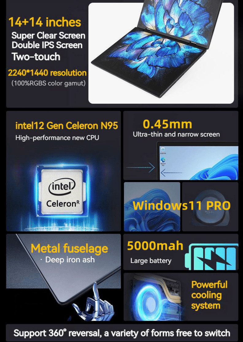Laptop 14 Inch 2 In 1 Intel N95 Notebooks Dual Screen 16GB RAM 1TB 2240*1440