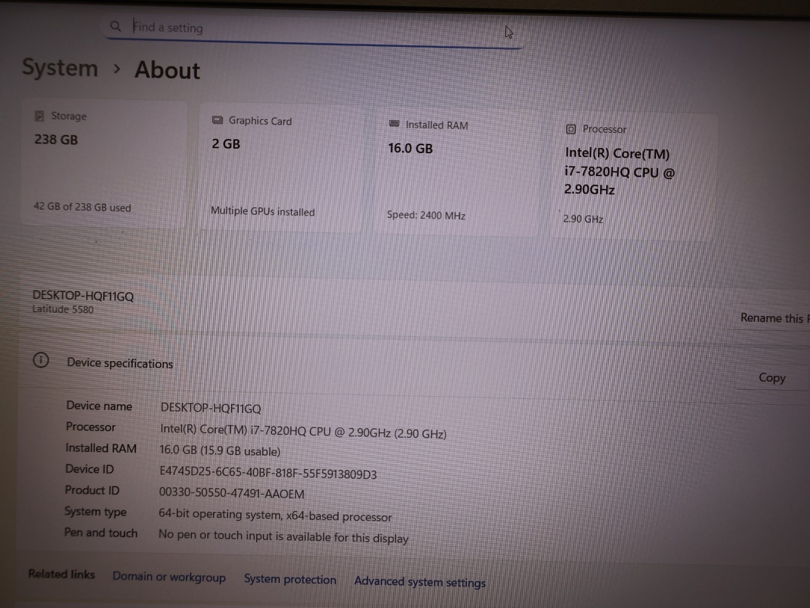 Dell Latitude 5580 Intel Core i7-7820HQ 2.90GHz 16GB RAM 240GB – NO BATTERY