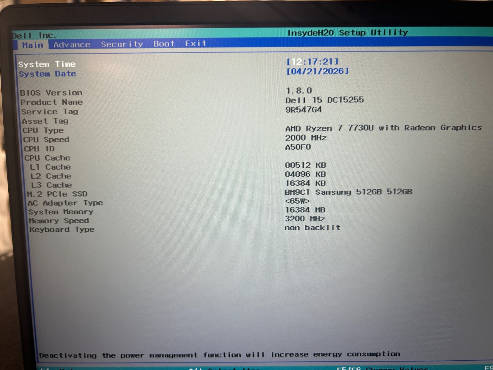 DELL 15 DC15255 G8MK9,, AMD Ryzen 7 7730U,, 2.00 GHz, 16 GB RAM, 512 GB NVMe