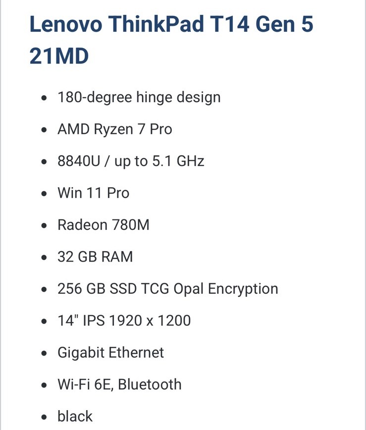 Lenovo ThinkPad T14 G5 14″ Ryzen 7 Pro 8840U 3.3GHz 32GB RAM 250GB