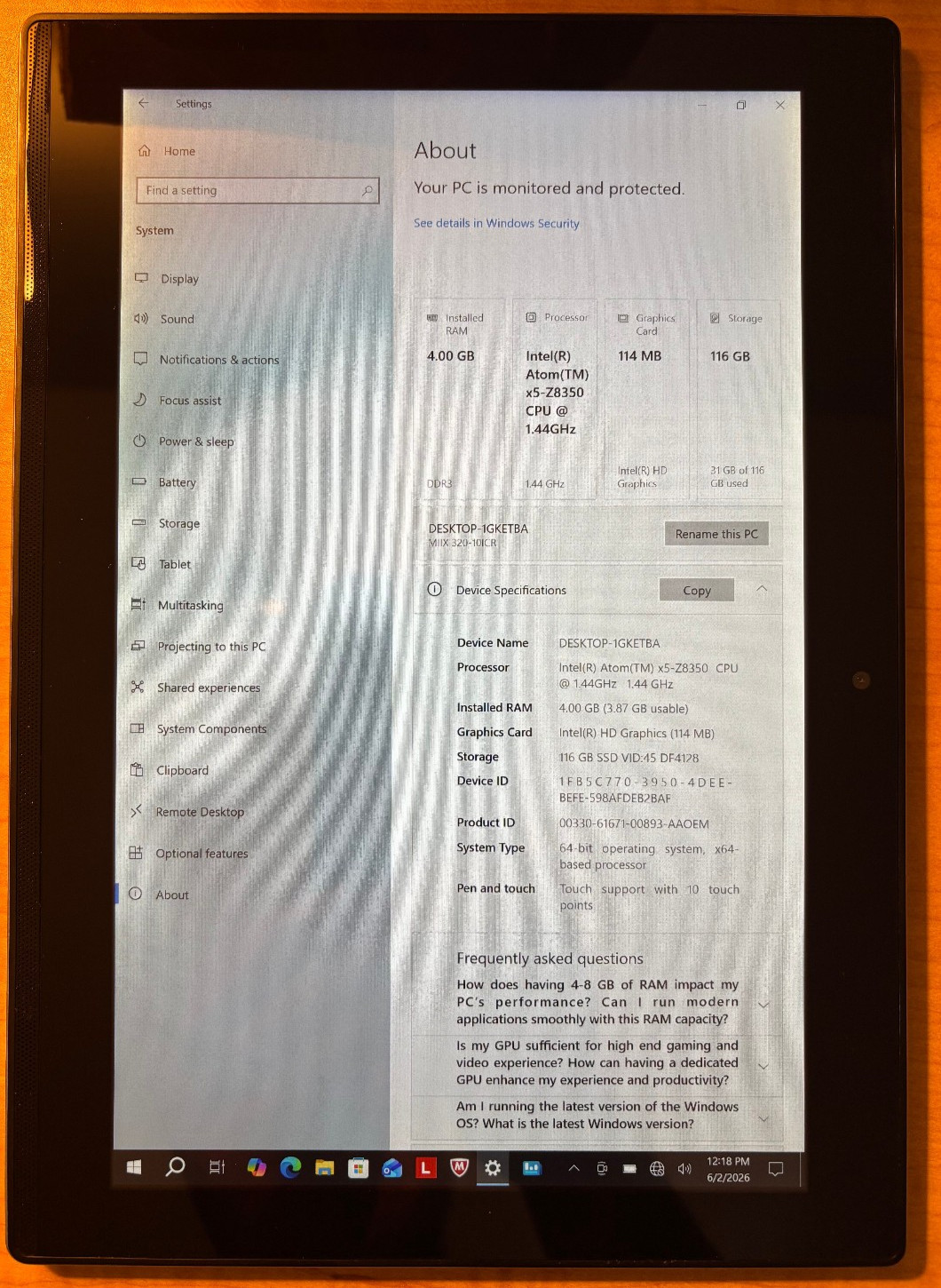 LENOVO MIIX 320-10ICR TABLET Intel Atom 1.44GHz 4GB RAM 116GB storage