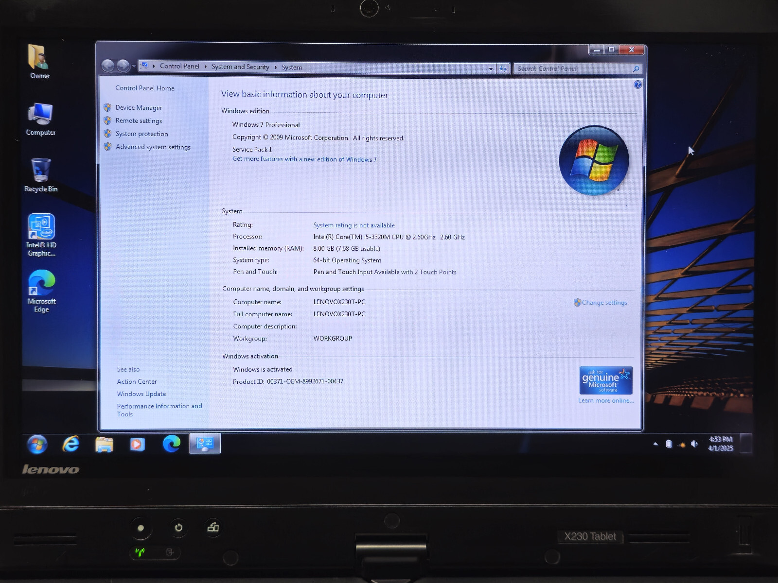 Lenovo ThinkPad X230 Tablet 12.5″ i5-3320M + 8GB + 120GB Windows 7 Pro *READ*
