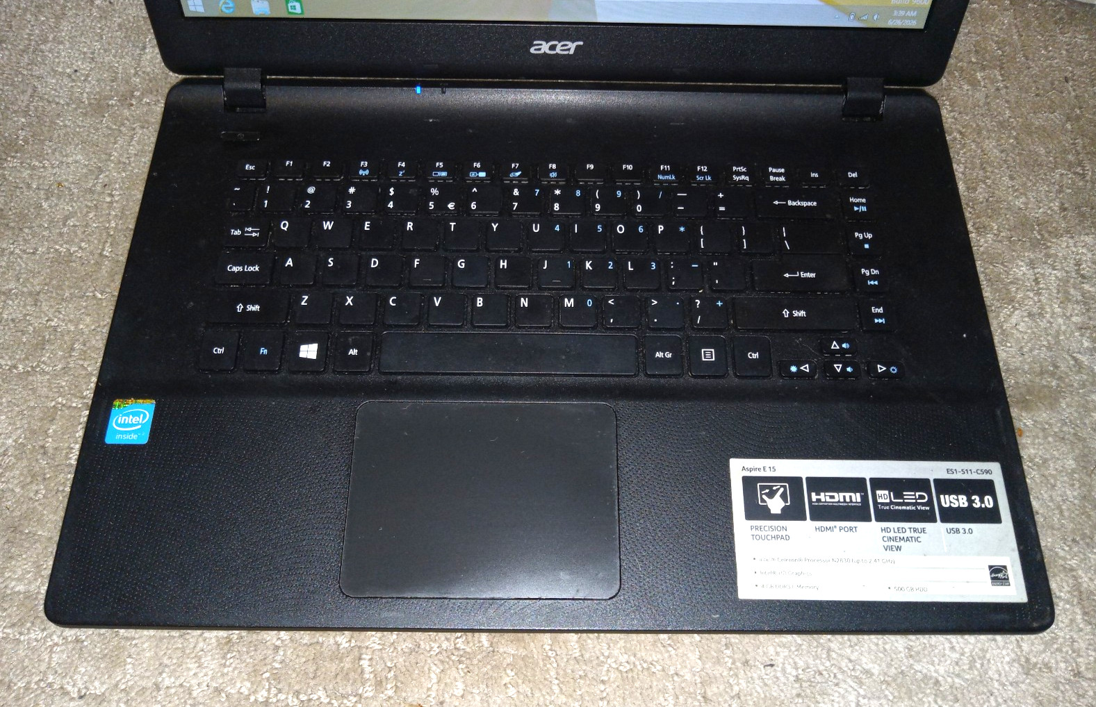 AS IS Acer ES1-511-C590 15.6” / Intel Celeron N2830 @ 2.41GHz 4 GB DDR3 L