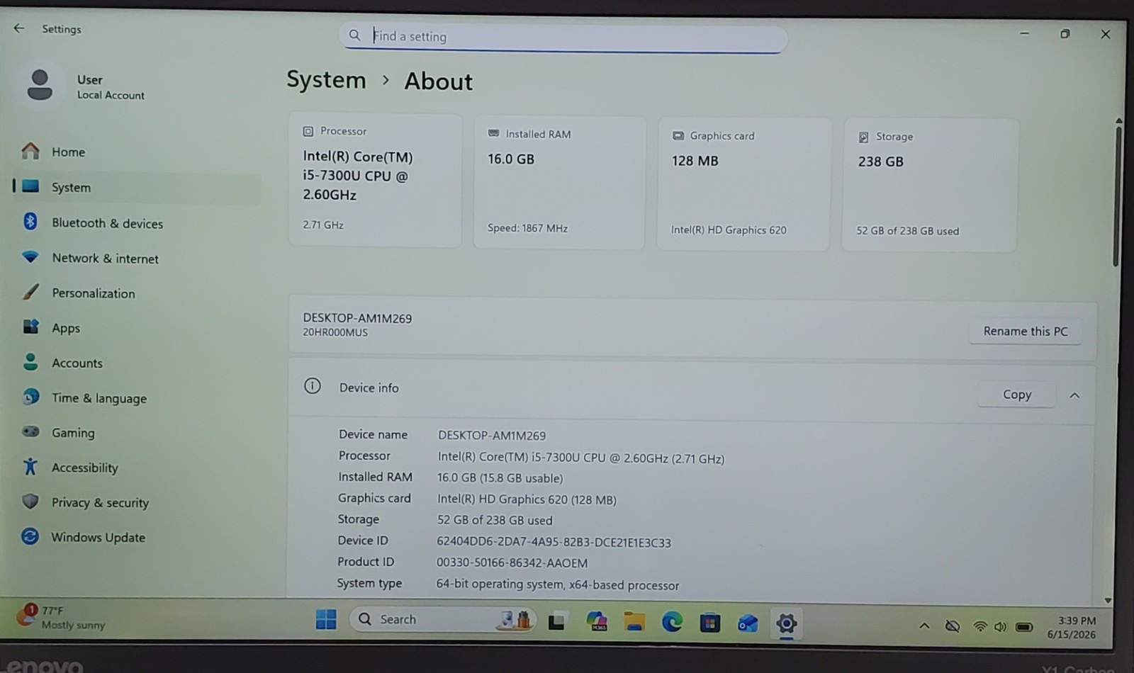 Lenovo ThinkPad X1 Carbon 5th Gen 14″ Core i5-7300U 256GB SSD 16GB RAM Windows11