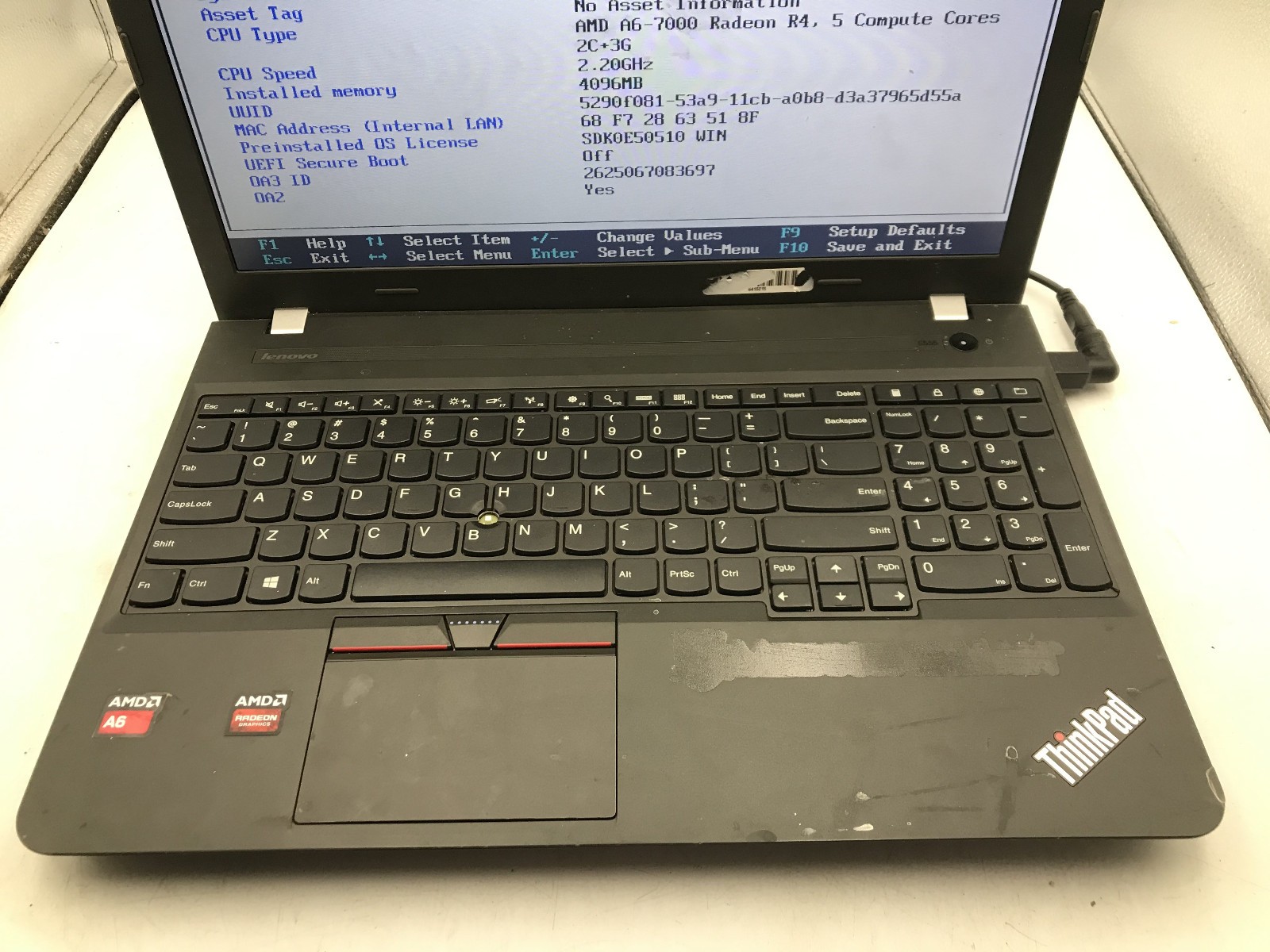 LENOVO THINKPAD E555 – BOOTS TO BIOS – AMD A6 7000 – NO RAM – READ DESCRIP – BB!