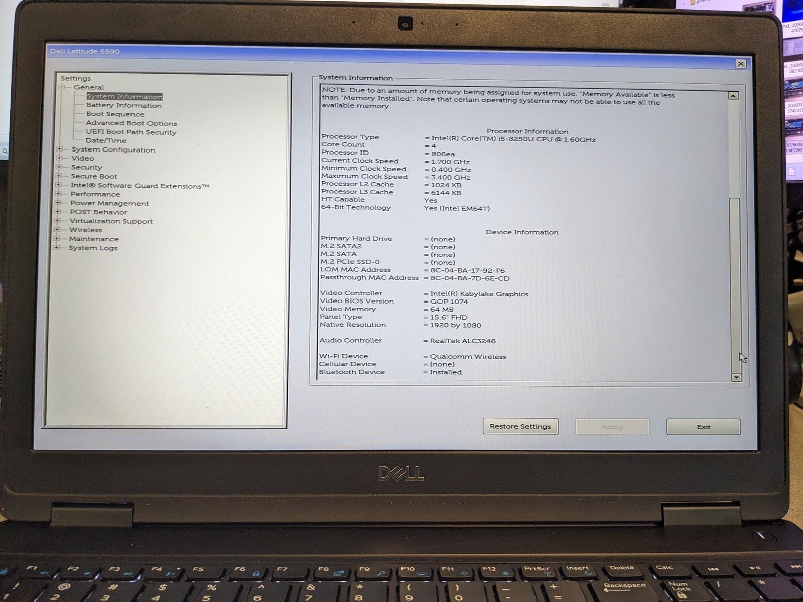 DELL LATITUDE 5590 i5-8250U @ 1.60GHz, 4GB RAM, NO HDD/OS