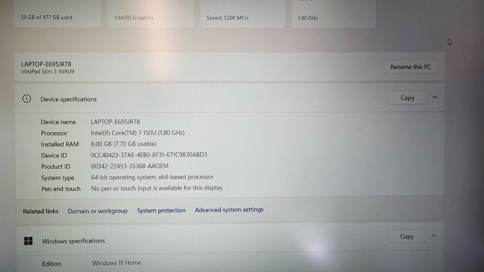 Lenovo IdeaPad Slim 5 16IRU9 16in Intel Core 7 150U 1.8GHz 8GB RAM 512GB W.11 H