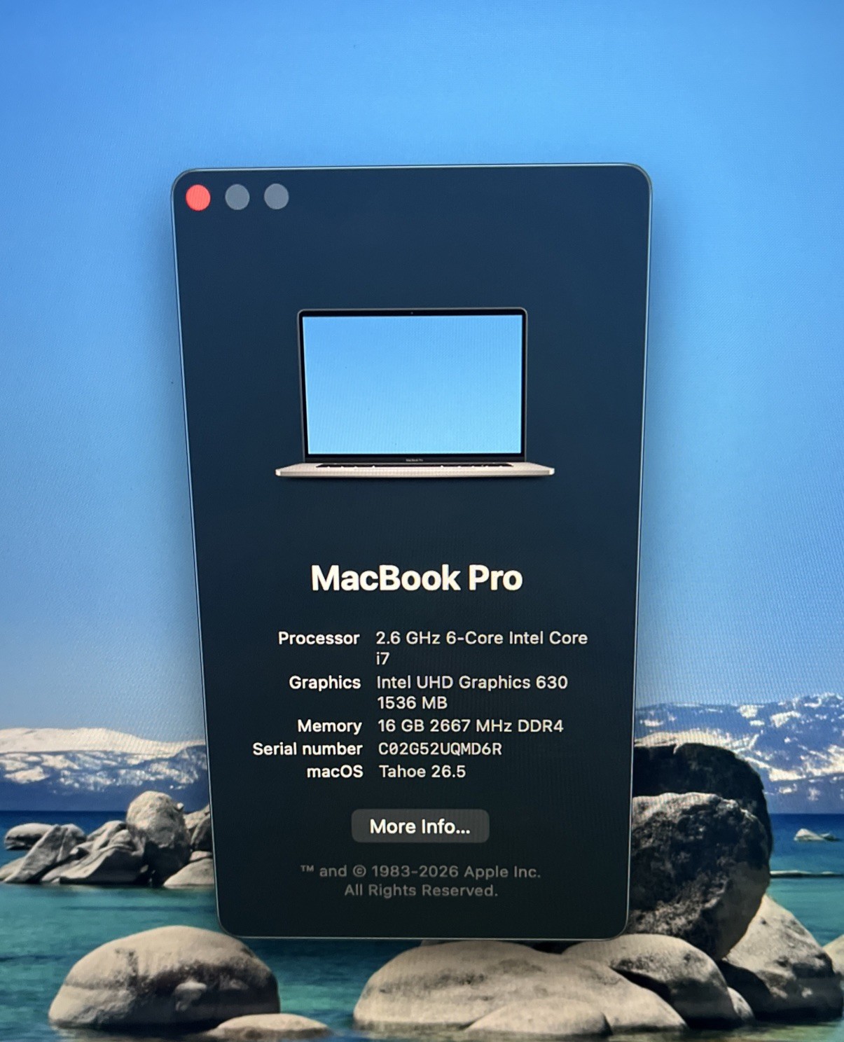Apple A2141 MacBook Pro, Late 2019 16″ i7-9750H@2.6GHz, 16GB DDR4, 1TB M2, Tahoe