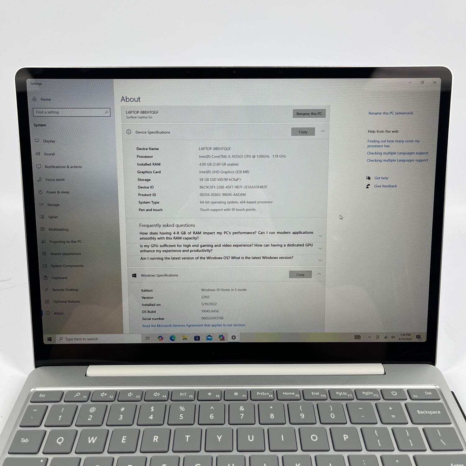 Broken Microsoft Surface Laptop GO 4GB RAM 64GB