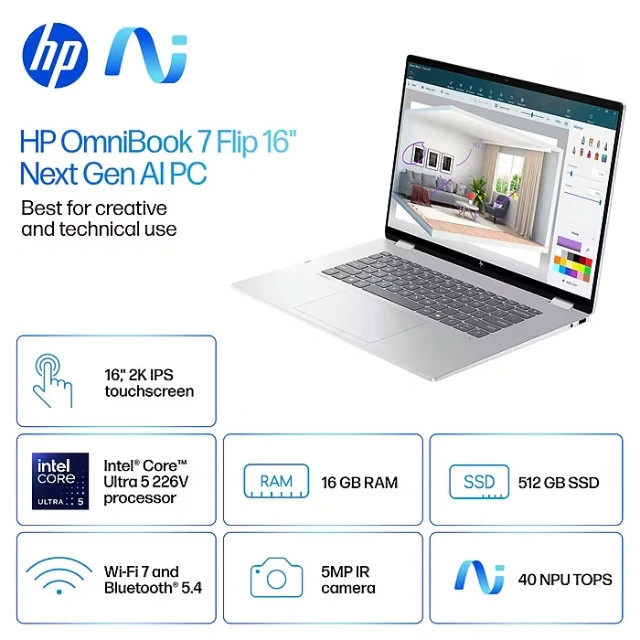 HP Flip 16″ 2K 2-in-1 laptop, Intel Core Ultra 5, 16GB/512GB, Backlit, 23h