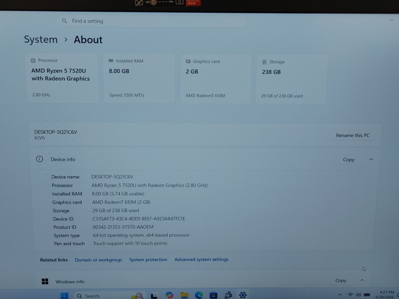 Lenovo IdeaPad 1 15AMN7 15.6″ Ryzen 5 7520U 2.8GHz 8GB DDR5 256GB SSD