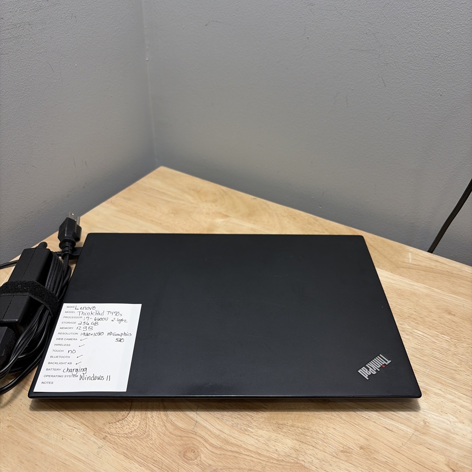 Lenovo Thinkpad T470s Core i7-6600U 2.6GHZ 12GB 256GB SSD WCam W11 Pro & Cord