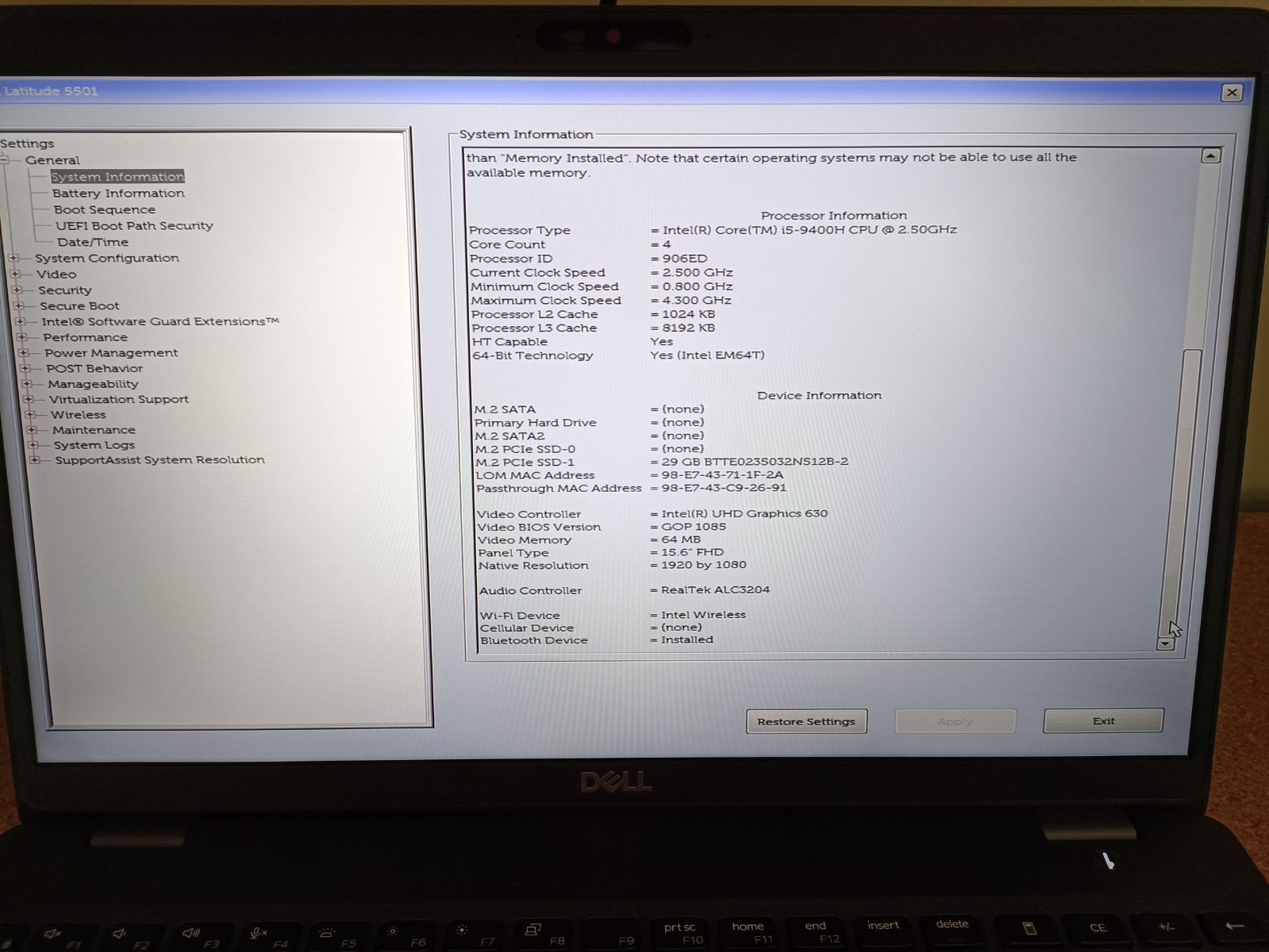 Dell Latitude 5501 15.6 i5-9400H 2.5GHz 8GB RAM WIN11 Pro NO SSD NO A/C