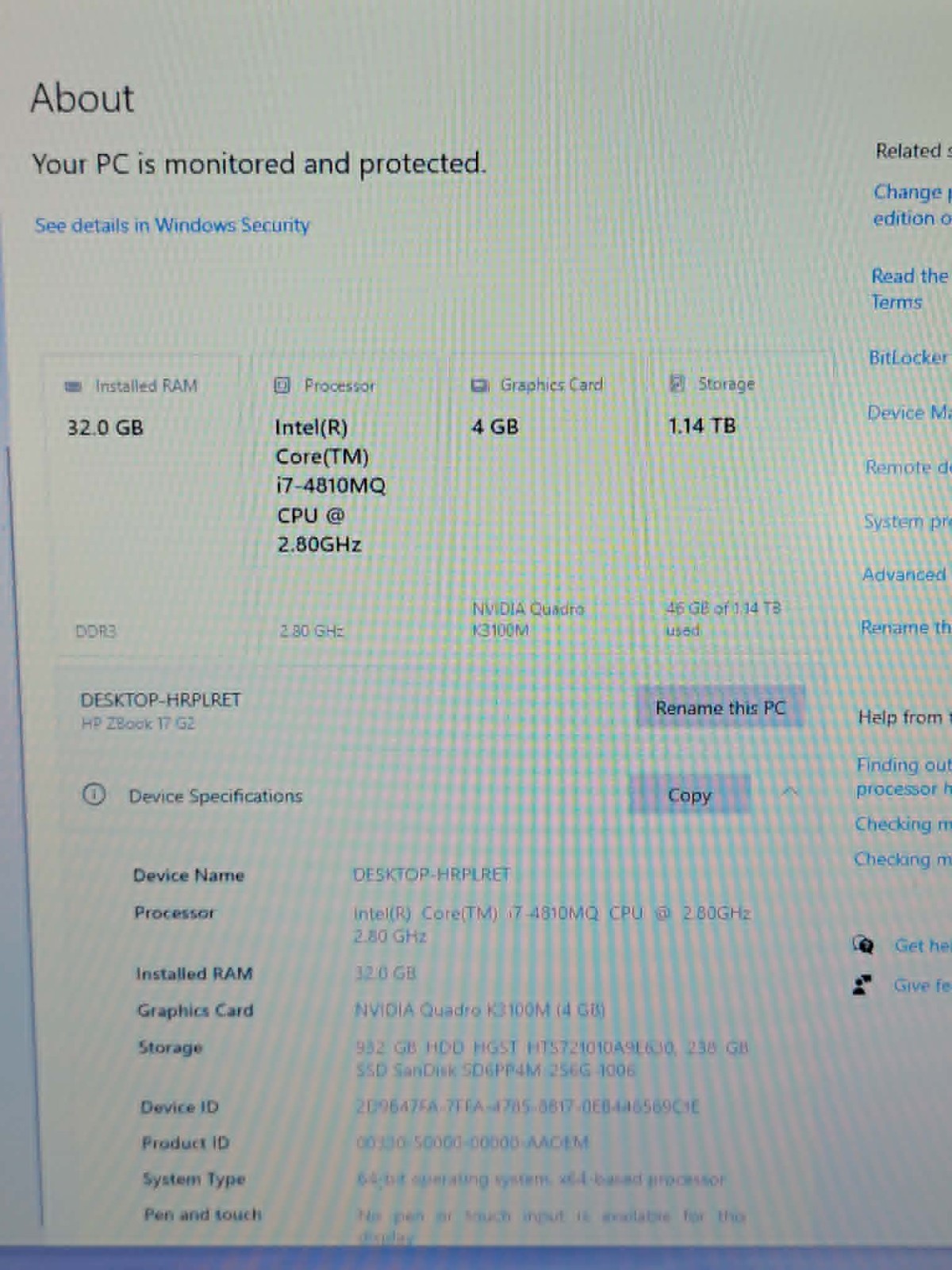 HP ZBook 17″ G2 i-7 4810MQ 2.8GHz 32GB RAM K3100M 4GB 256GB SSD 1TB HDD W1