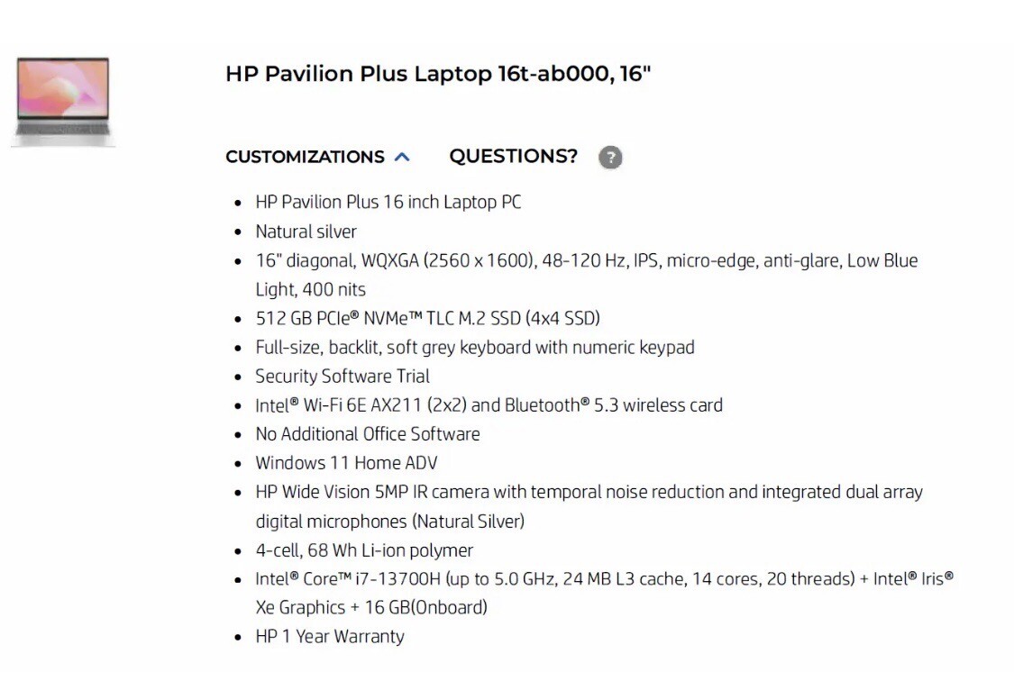 Hp Pavilion Plus 16 inch Laptop I7-13700H, 16Gb Ram, 512GB SSD