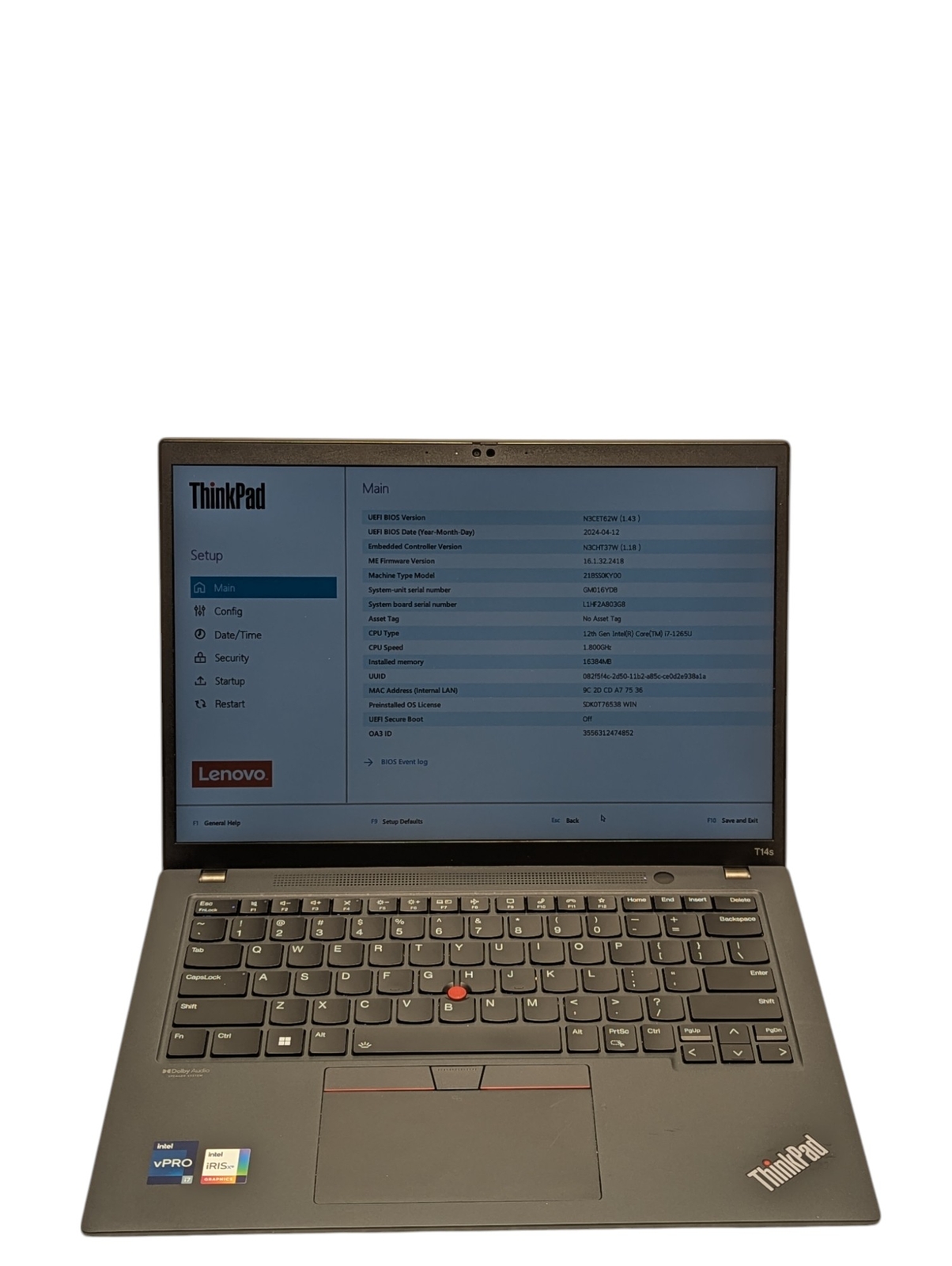 Lenovo Thinkpad T14s Gen 3 i7 1.81GHZ 16GB RAM 256GB SSD Grade D