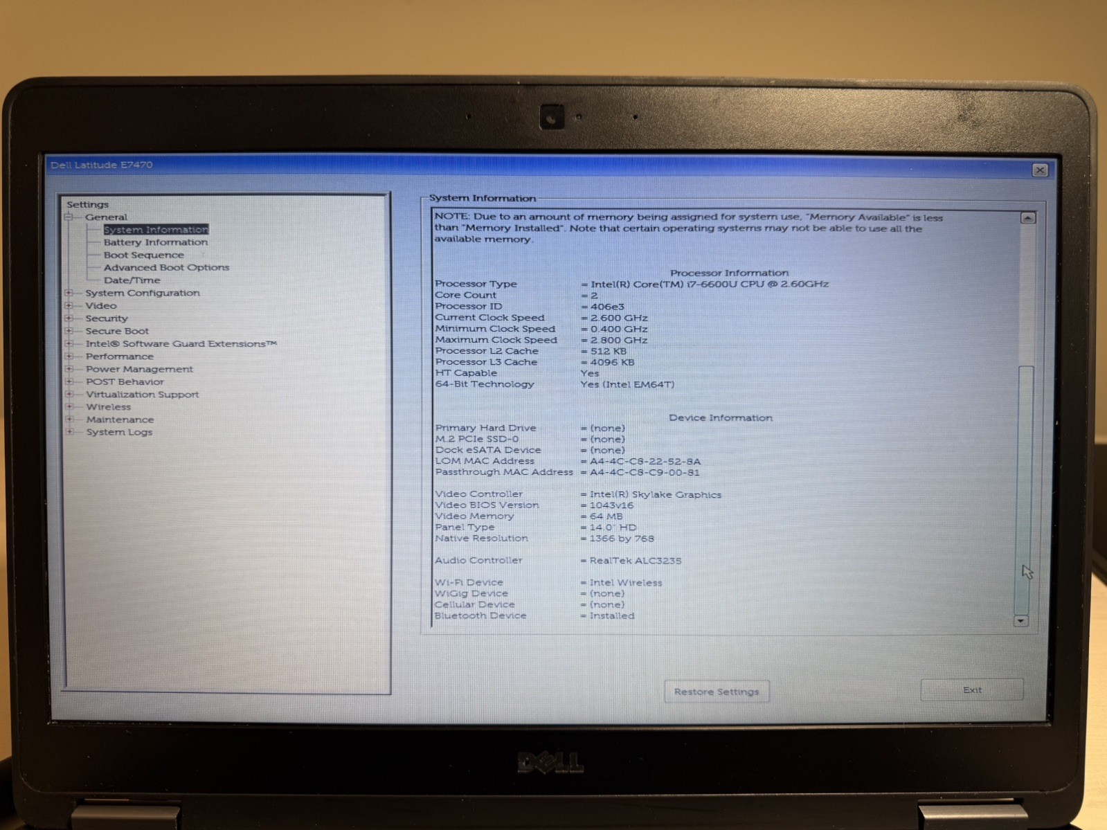 Dell Latitude E7470 Laptop Intel i7 6th Gen No HD/OS/AC Adapter- Swollen Battery