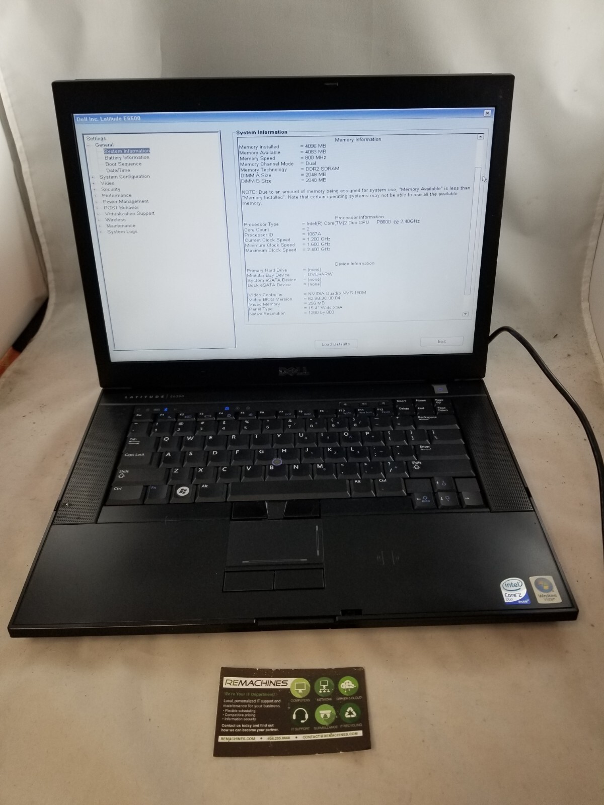 Dell Latitude E6500 15.4″ Laptop Core 2 Duo 2.4GHz 4GB No HDD No Caddy Quadro