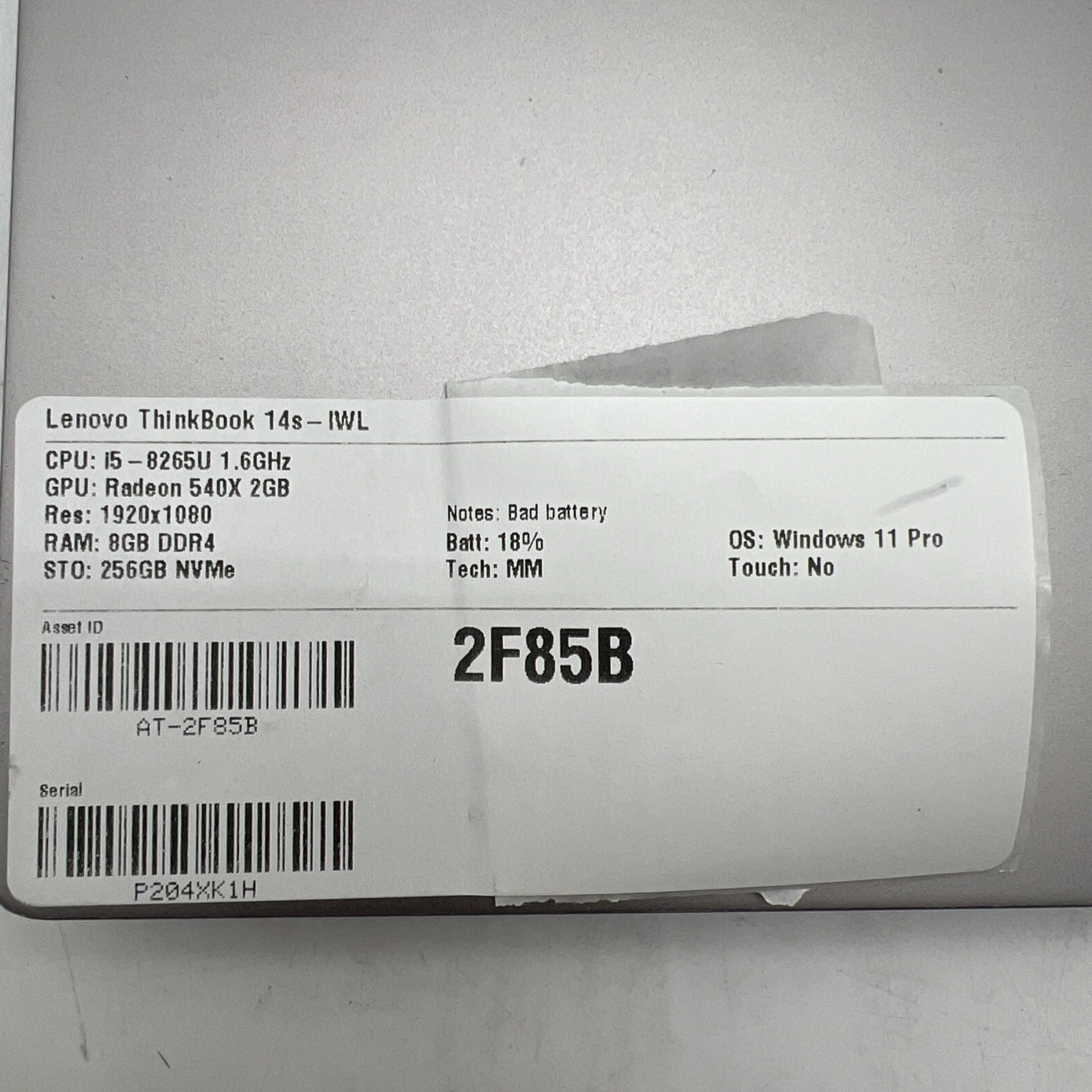 LENOVO ThinkBook 14s-IWL i5 8265U 1.6GHz 8GB RAM 256GB NVMe Win11P Bad Battery