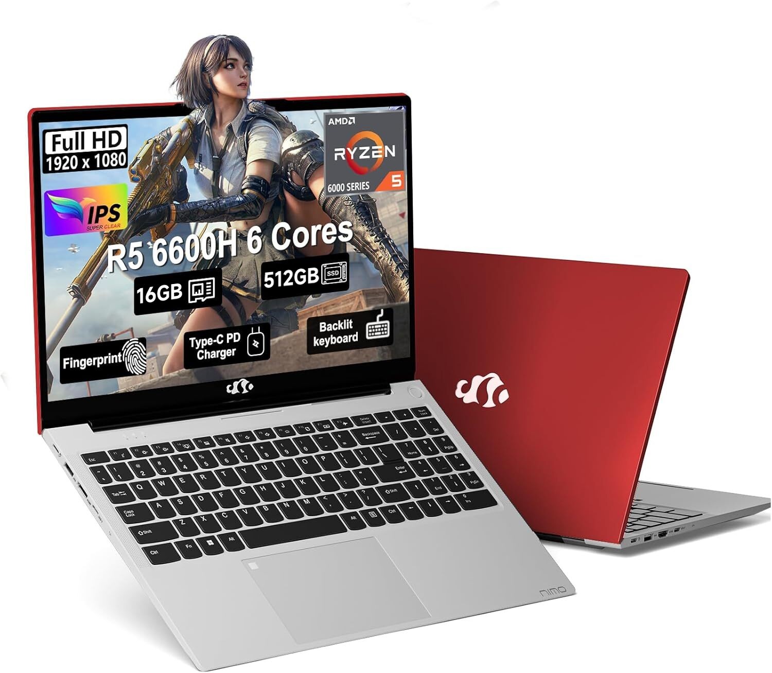 NIMO 15.6” Gaming-Laptop 6-Cores AMD Ryzen 5 6600H 16GB DDR5 512GB SSD 4.5GHz