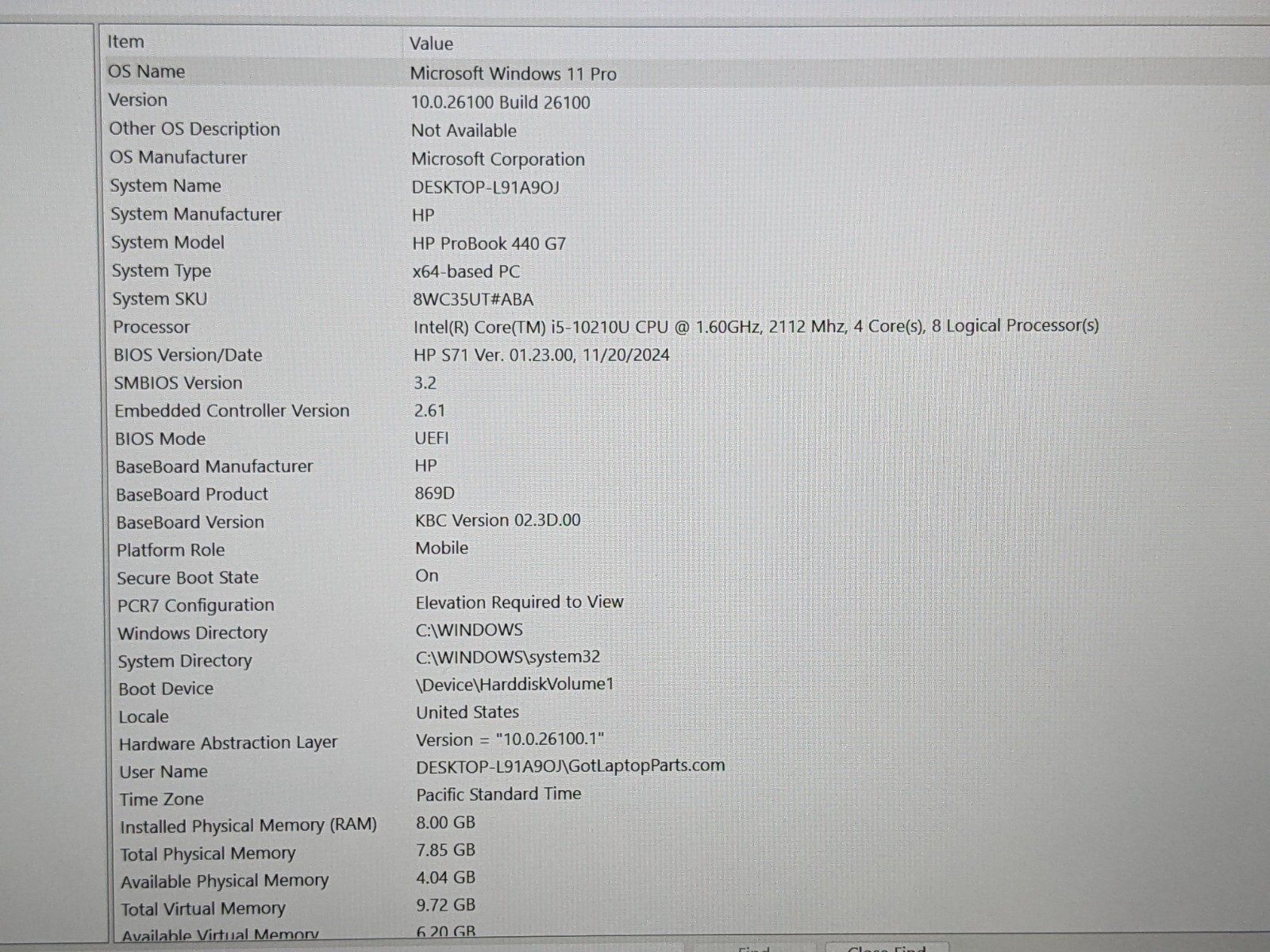 HP ProBook 440 G7 14″FHD Intel i5-10210U 1.6GHZ 8GB 256GB Win 11 Pro +Charger