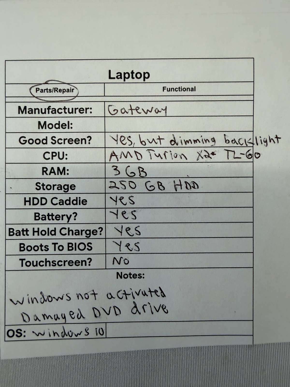Gateway W350A Laptop – AMD Turion X2 TL-60 – RAM 3GB – Read Des