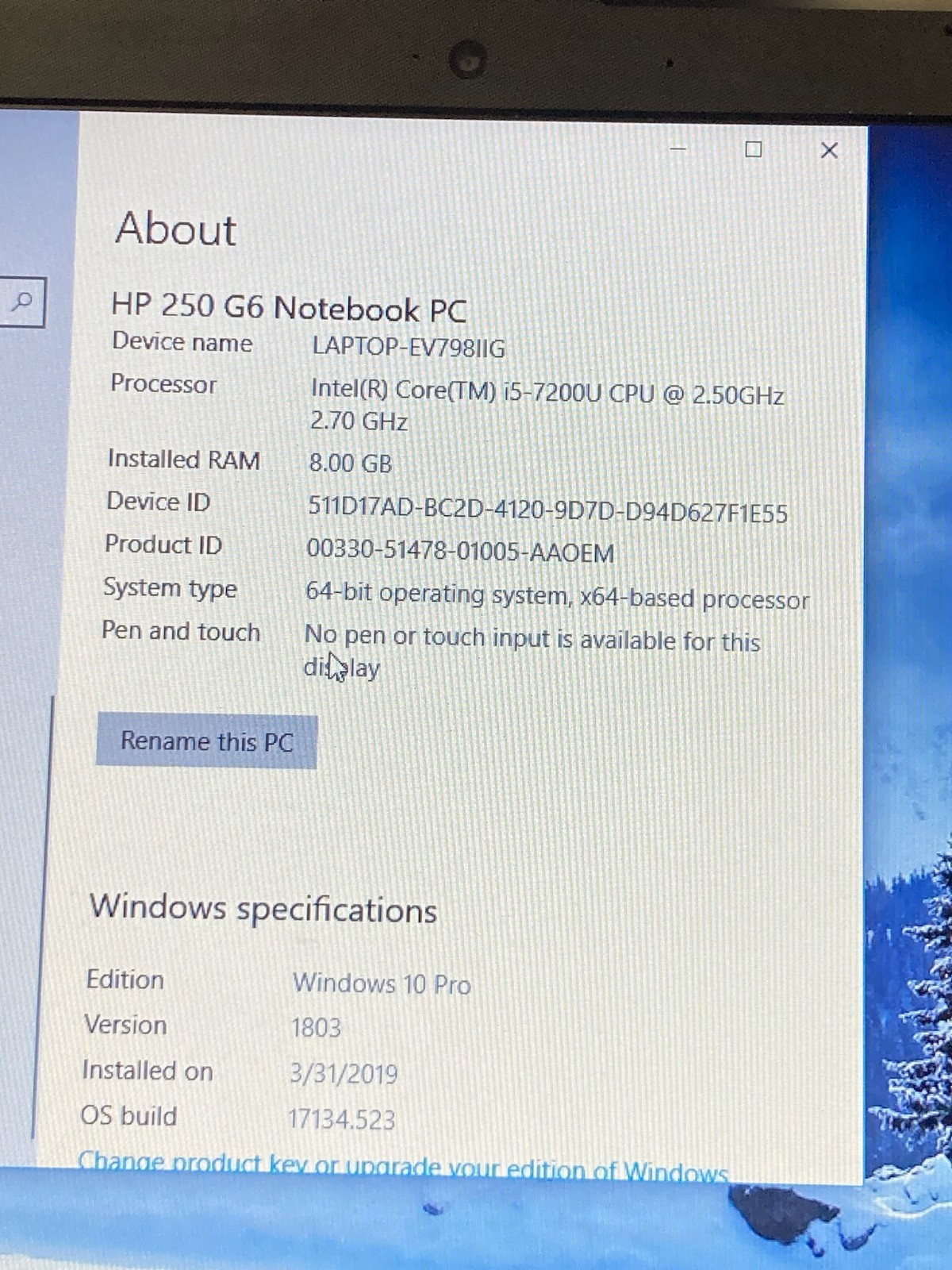 HP 250 G6 Notebook PC Core i5-7200u @ 2.50GHz 8GB RAM SN: CND8377YLQ