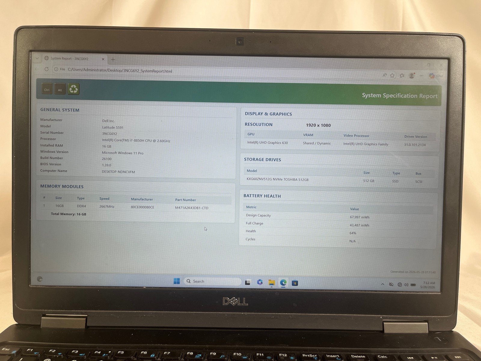 Dell Latitude 5591 Intel Core i7-8850H 16 GB 512GB SSD 15.6″
