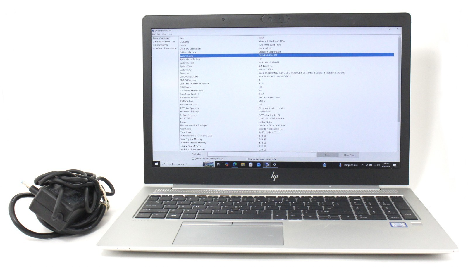 HP Elitebook 850 G5 15.6″ 256GB SSD 8GB RAM 2.3GHz i5-7300U Laptop; 6181308