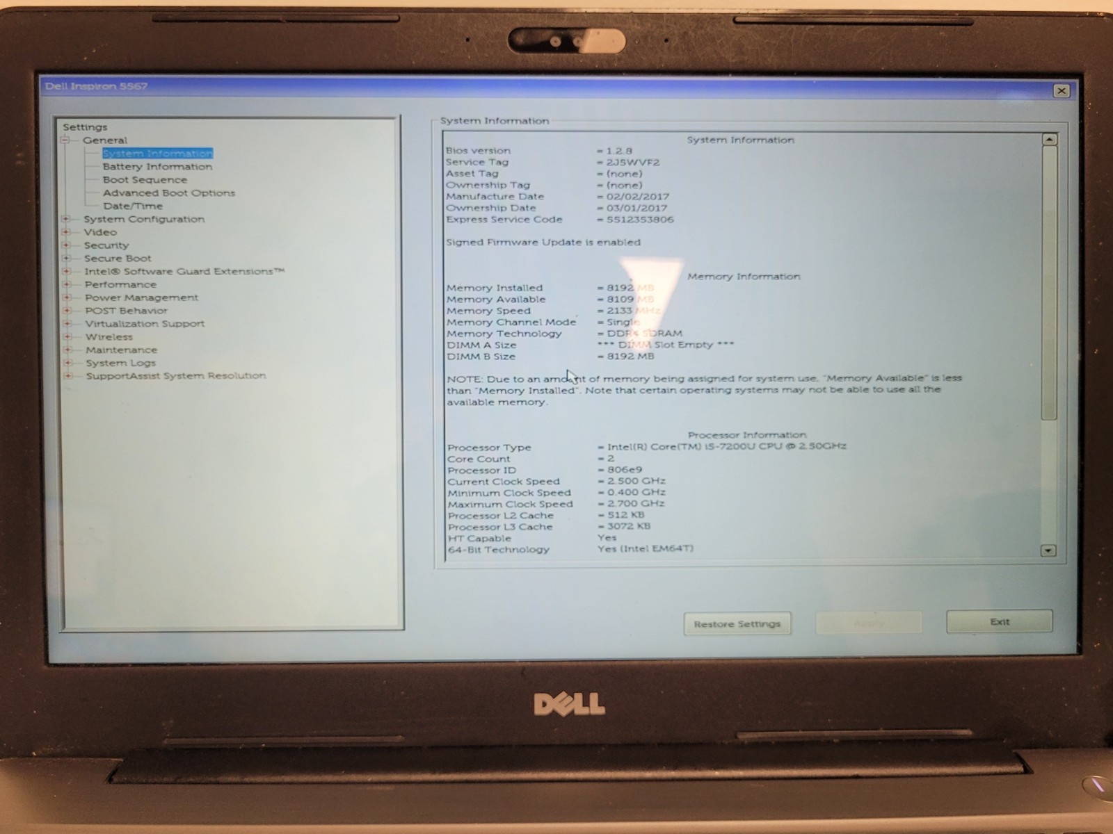 Dell inspiron 5567 15.6″ i5-7200u 2.5ghz 8gb ram 1tb hdd w11p READ 2J5WVF2