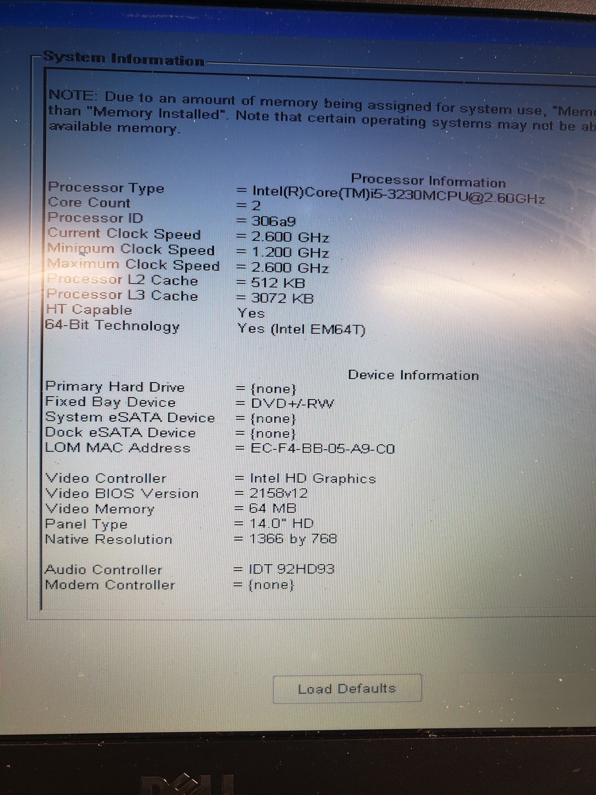 Dell Latitude E5430 Intel Core i5-3230M @ 2.60GHz 8 GB No Drive 14.0″