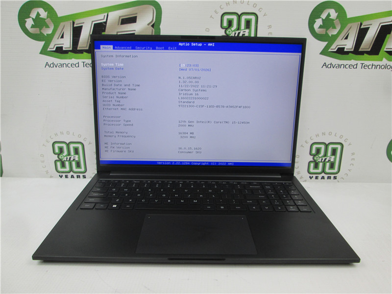 Carbon Systems Iridium 16 Laptop i5-12450H 2.0GHz 16GB 256GB SSD Windows 11 COA