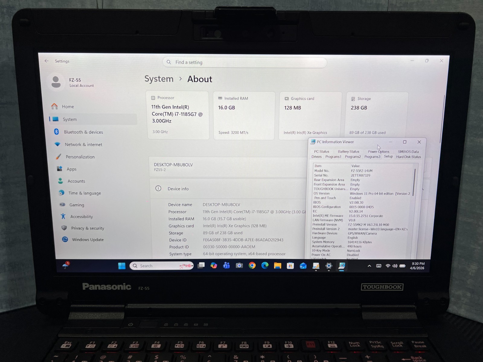 Panasonic Toughbook FZ-55FZ-14VM i7-1185G7,16GB,256GB(NVMe),Iris Xe video,490Hrs
