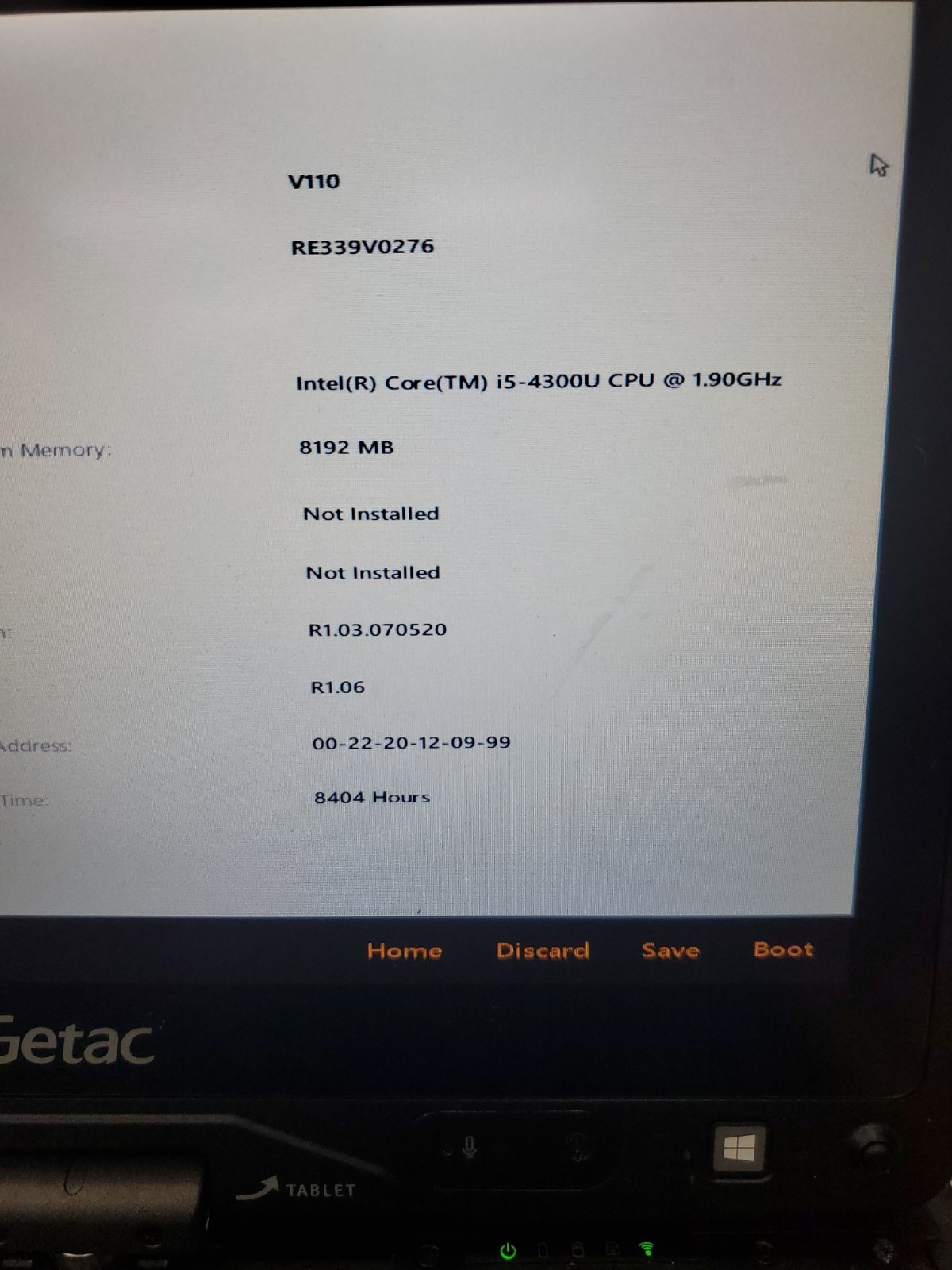GETAC V110 Laptop Tablet Touch Screen i5-4300U 1.90GHz 8gB No HDD 8404hrs