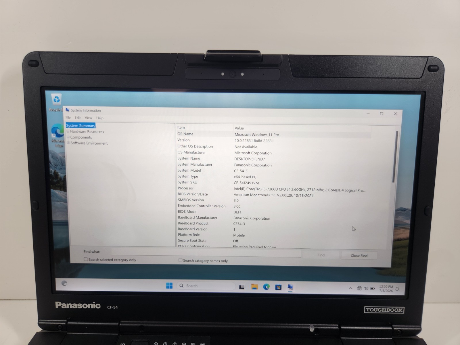 Panasonic Toughbook CF-54 Intel Core i5-7300U @ 2.6GHz 16GB RAM 256GB SSD Win10P